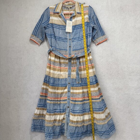 Ash & Eden Shirt Dress Womens Medium Blue Tan Stripe Belted Midi Cotton Collared - Picture 9 of 10